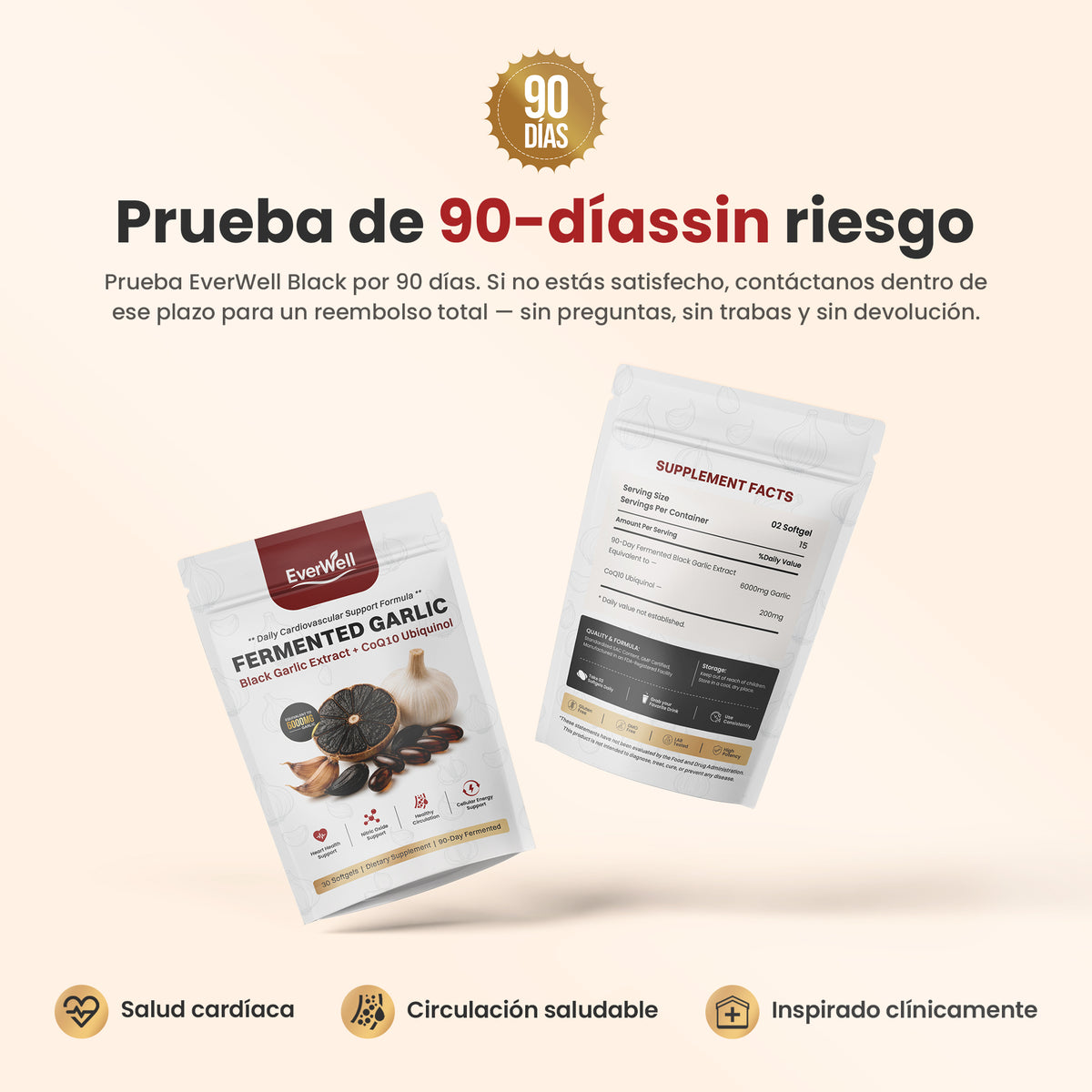 EverWell® Extracto de Ajo Negro Fermentado + CoQ10 Ubiquinol | Cápsulas Blandas Sin Olor de 6000 mg