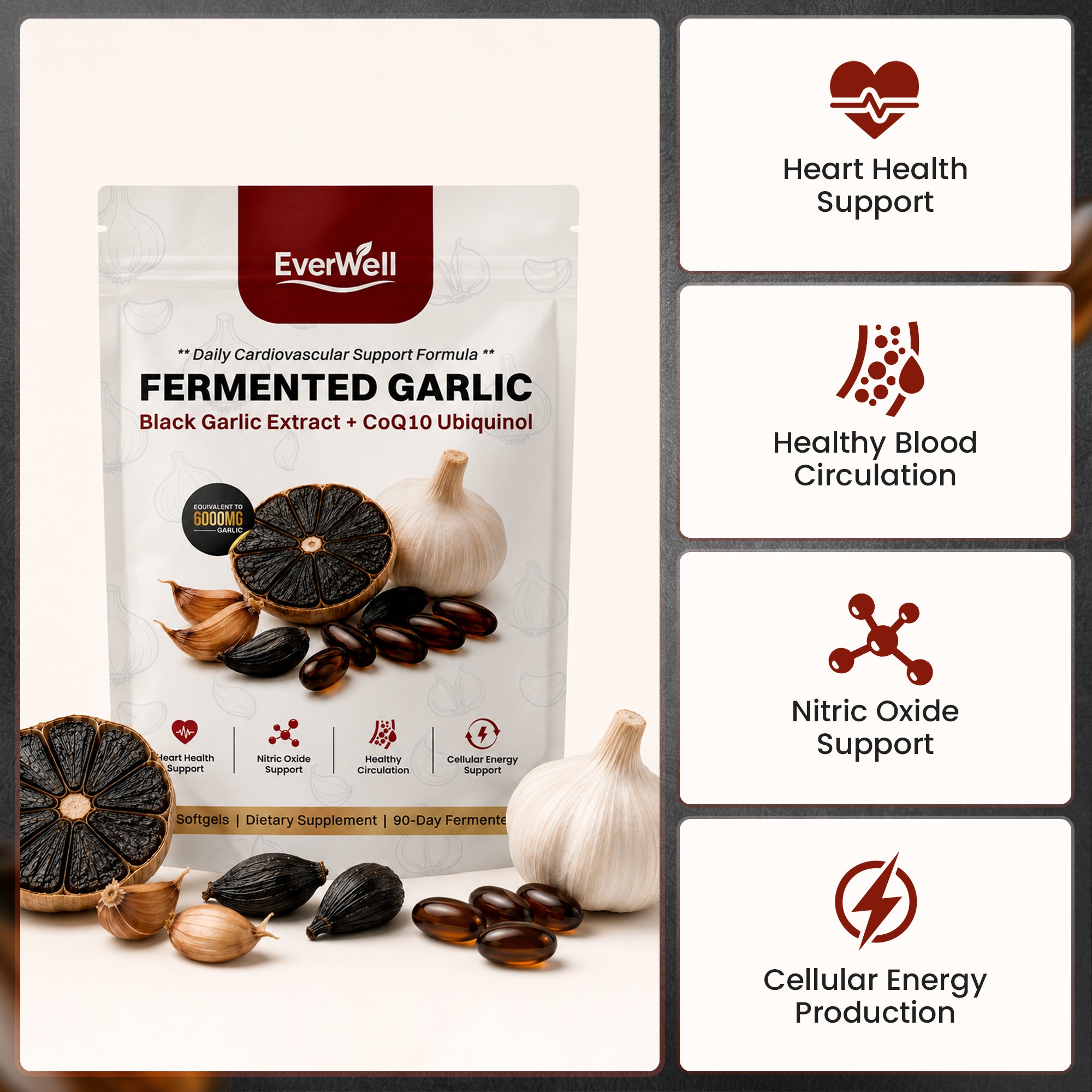 EverWell® Fermented Black Garlic Extract + CoQ10 Ubiquinol - 6000mg Odorless Softgels