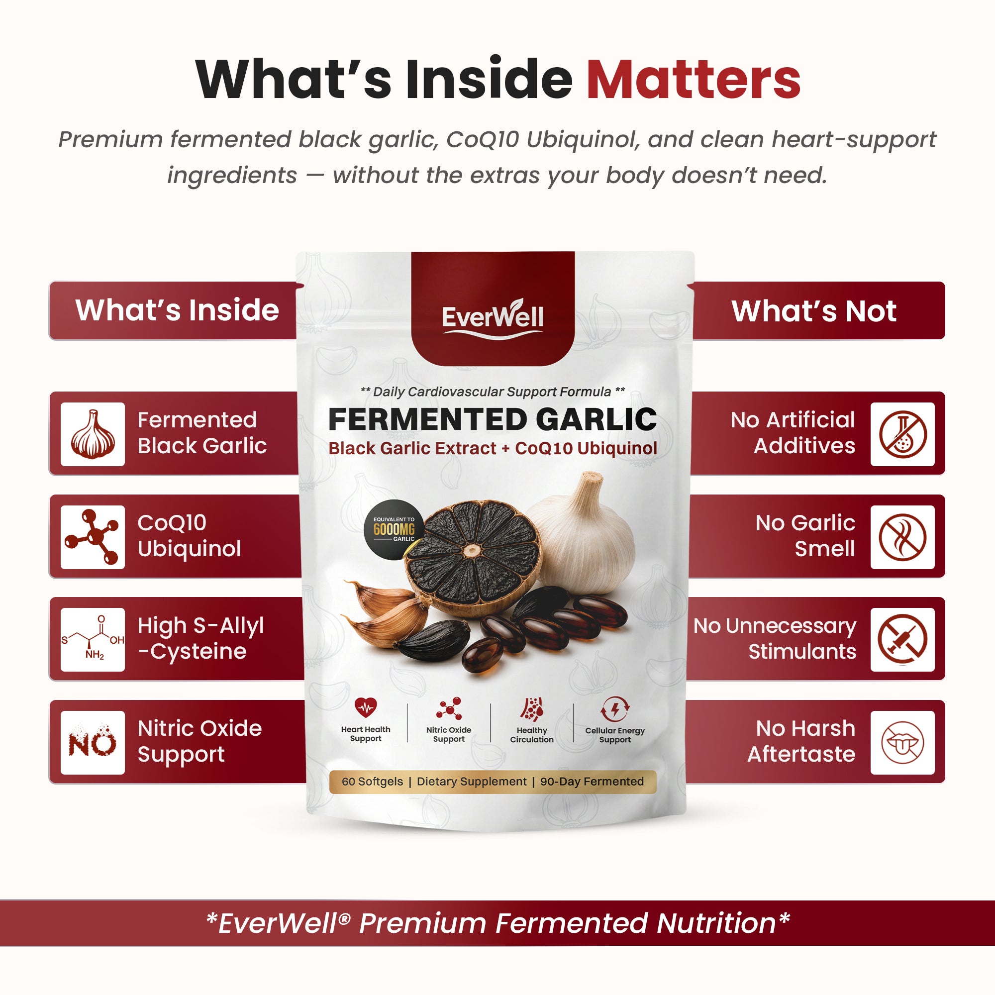 EverWell® Fermented Black Garlic Extract + CoQ10 Ubiquinol - 6000mg Odorless Softgels
