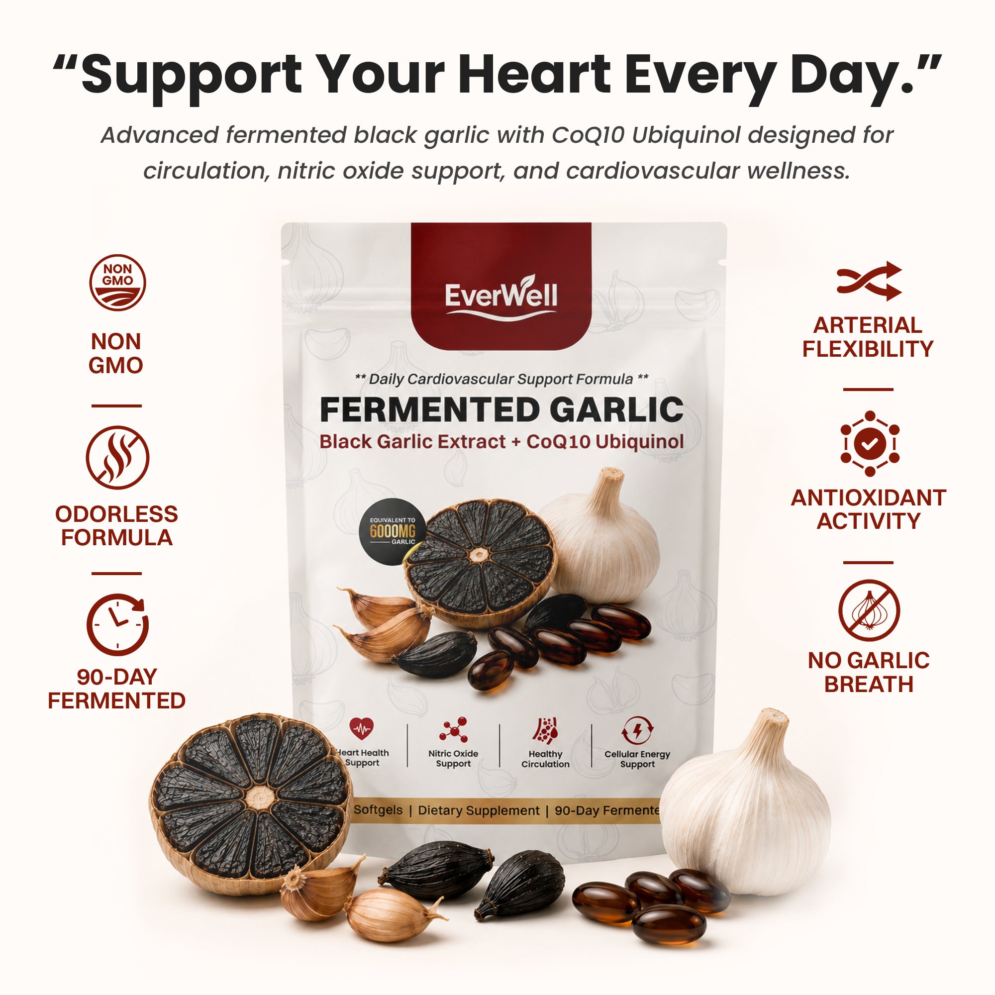 EverWell® Fermented Black Garlic Extract + CoQ10 Ubiquinol - 6000mg Odorless Softgels