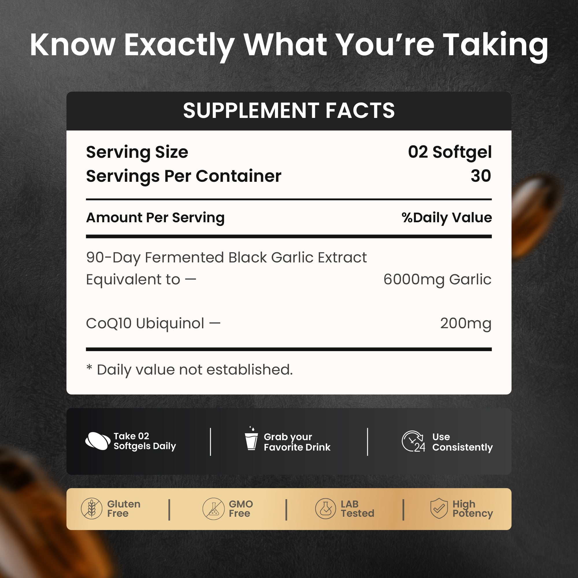 EverWell® Fermented Black Garlic Extract + CoQ10 Ubiquinol - 6000mg Odorless Softgels