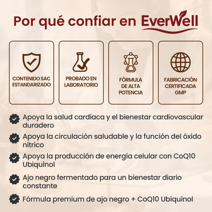 EverWell® Extracto de Ajo Negro Fermentado + CoQ10 Ubiquinol | Cápsulas Blandas Sin Olor de 6000 mg