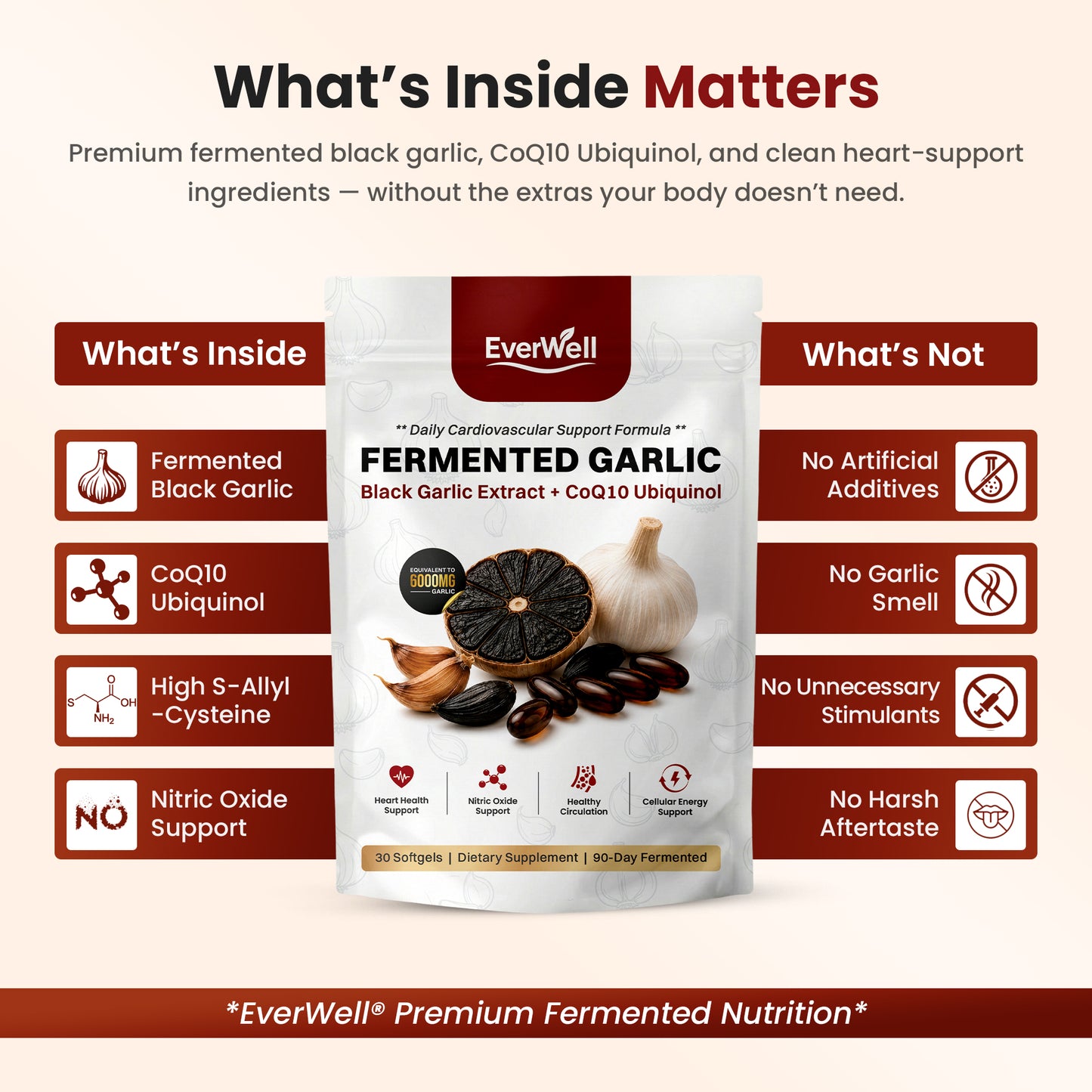 EverWell® Fermented Black Garlic Extract + CoQ10 Ubiquinol - 6000mg Odorless Softgels