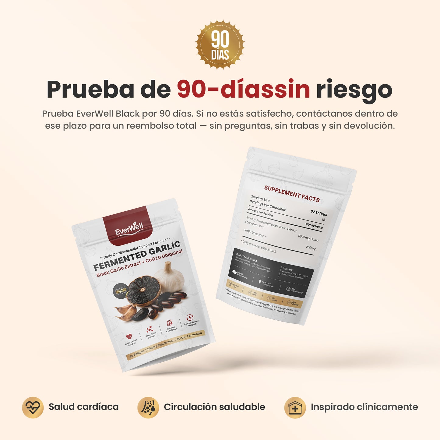 EverWell® Extracto de Ajo Negro Fermentado + CoQ10 Ubiquinol | Cápsulas Blandas Sin Olor de 6000 mg